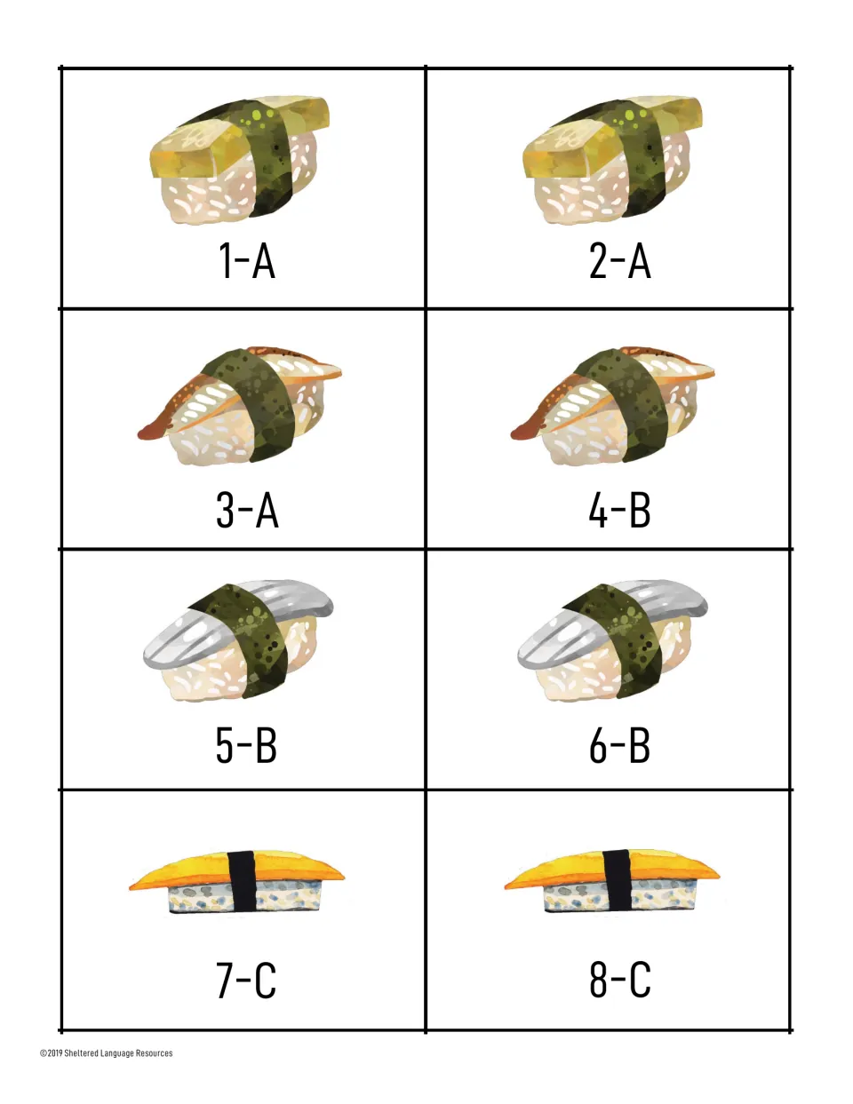 Sushi cards 1-A to 8-C: four nigiri pictures shown twice each so students can find a partner or match letters A to C
