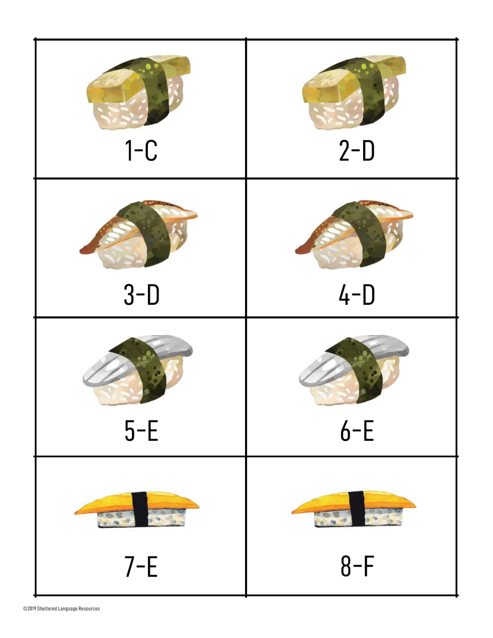 Sushi cards 1-C to 8-F repeat the same four nigiri pairs with new letters C to F for building groups of three