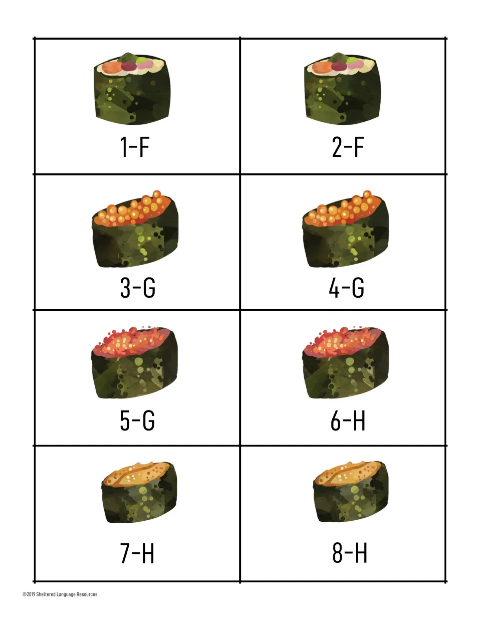 Sushi cards 1-F to 8-H show seaweed-wrapped rolls and fish roe gunkan in pairs, labeled with numbers and letters F to H