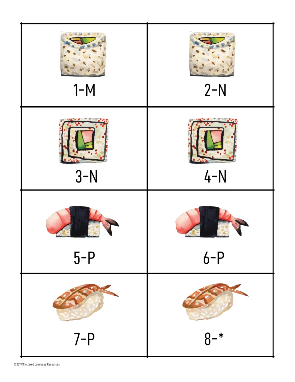 Sushi cards 1-M to 8-*: inside-out rolls and shrimp nigiri in pairs, ending with 8-*, which can act as a wild card