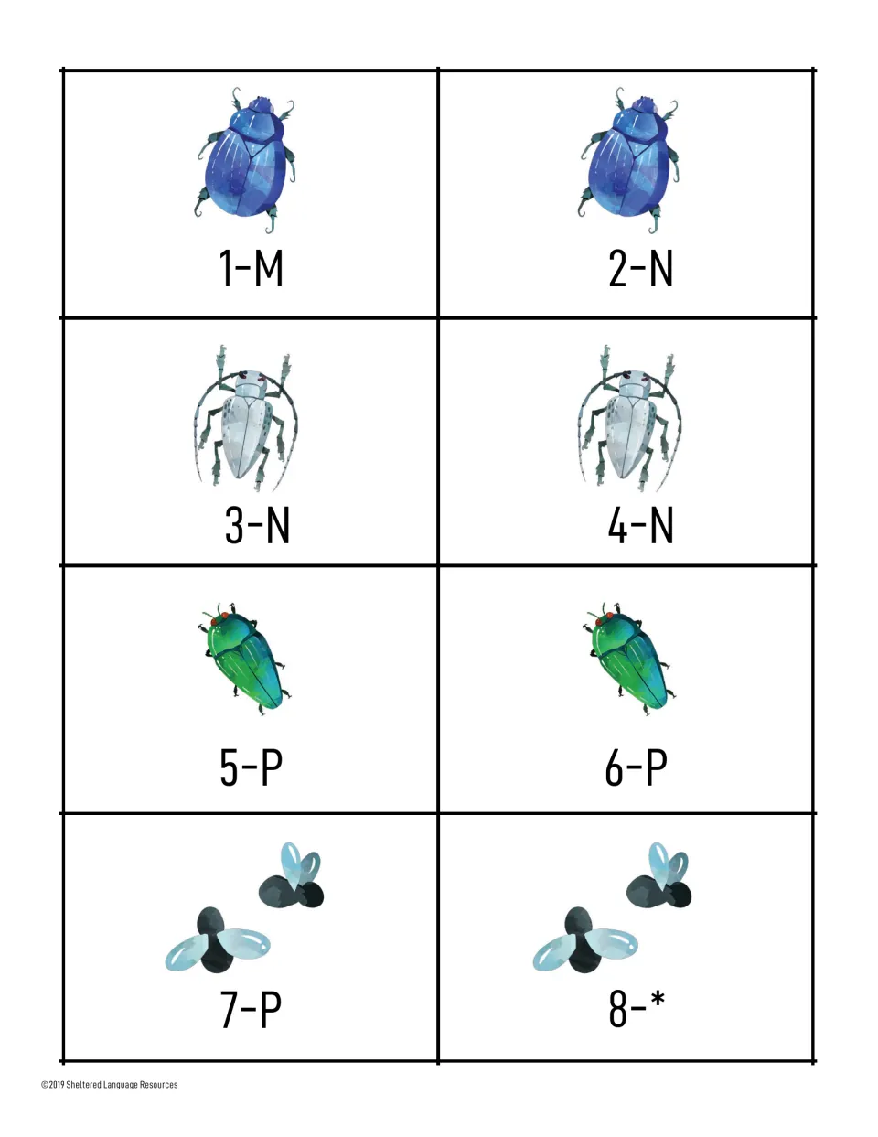 Grouping cards 1-M to 8-*: blue, white longhorn and green beetles plus flies, with the 8-* card serving as a wild card