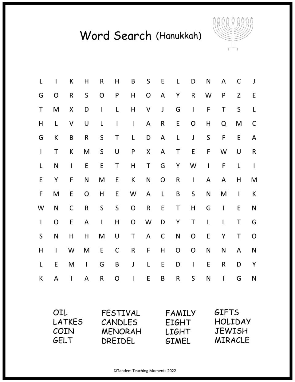 Hanukkah word search: students find 16 words such as latkes, menorah, dreidel, gelt, gimel and miracle