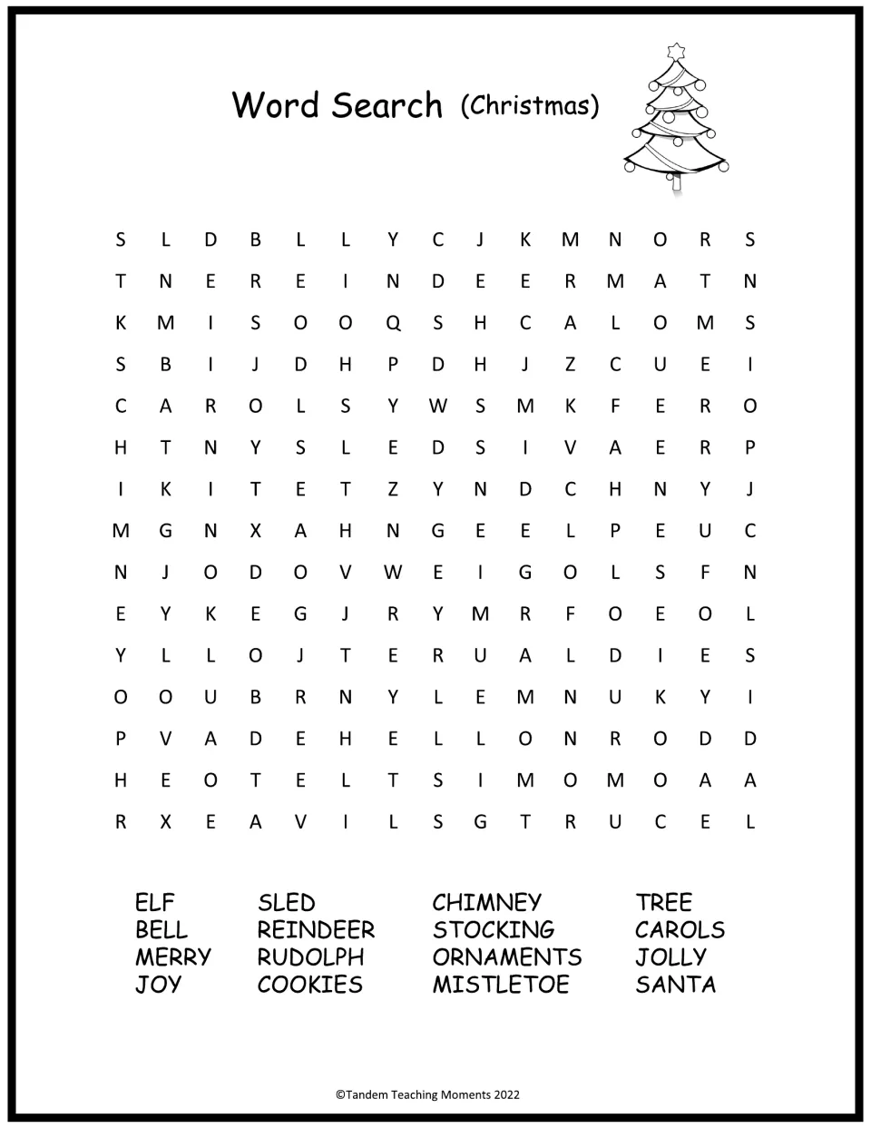 Christmas word search: students locate 16 words including reindeer, chimney, stocking, mistletoe, carols and Rudolph