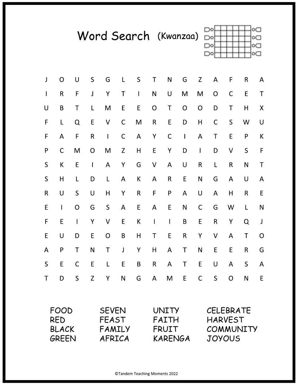 Kwanzaa word search: students find 16 words like unity, harvest, Karenga, community, red, black and green