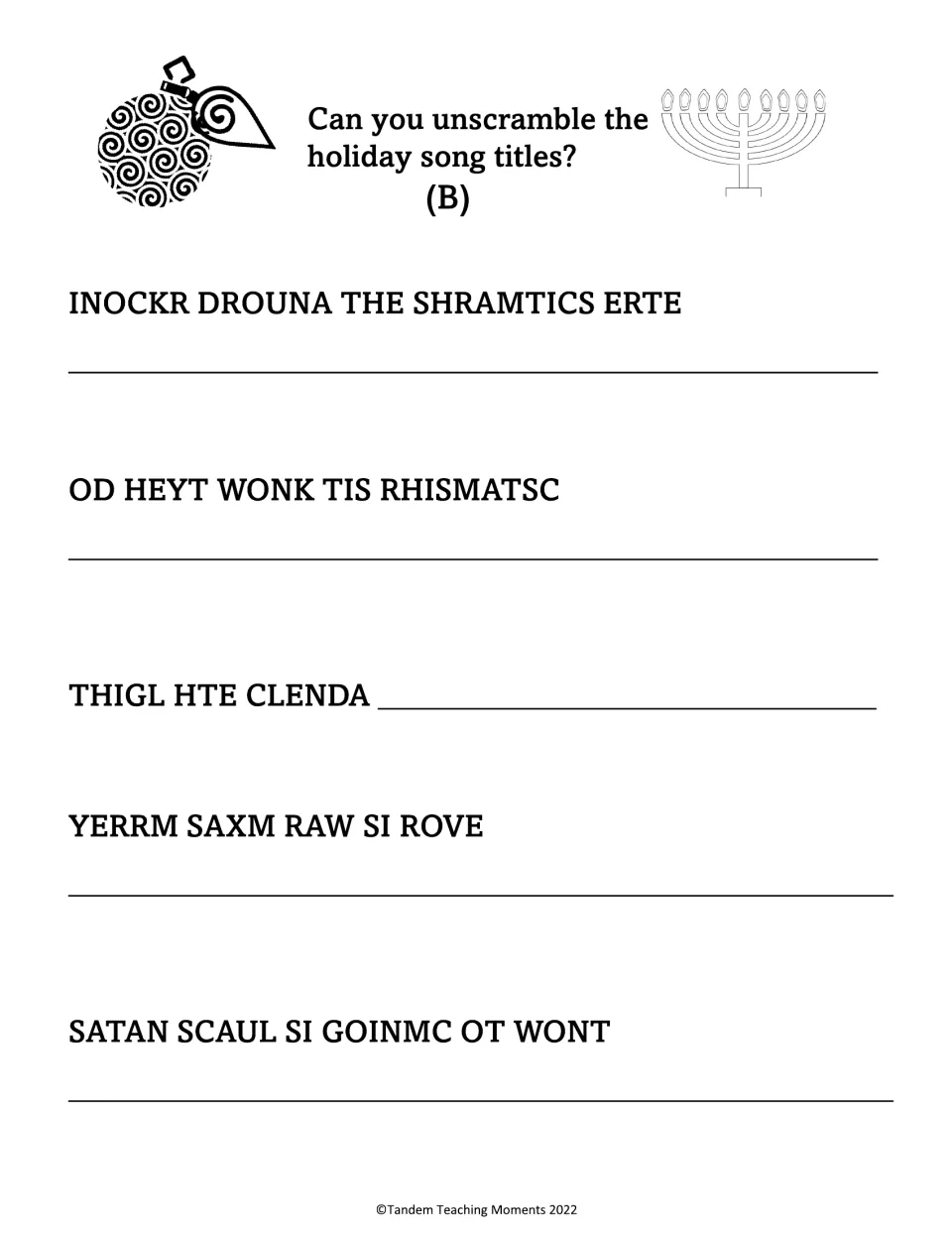 Holiday song title scramble B: students decode five titles like THIGL HTE CLENDA and YERRM SAXM RAW SI ROVE