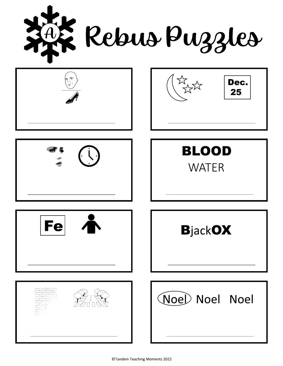 Rebus puzzles A: students solve eight picture and word clues, such as a moon with Dec. 25 and BLOOD over WATER