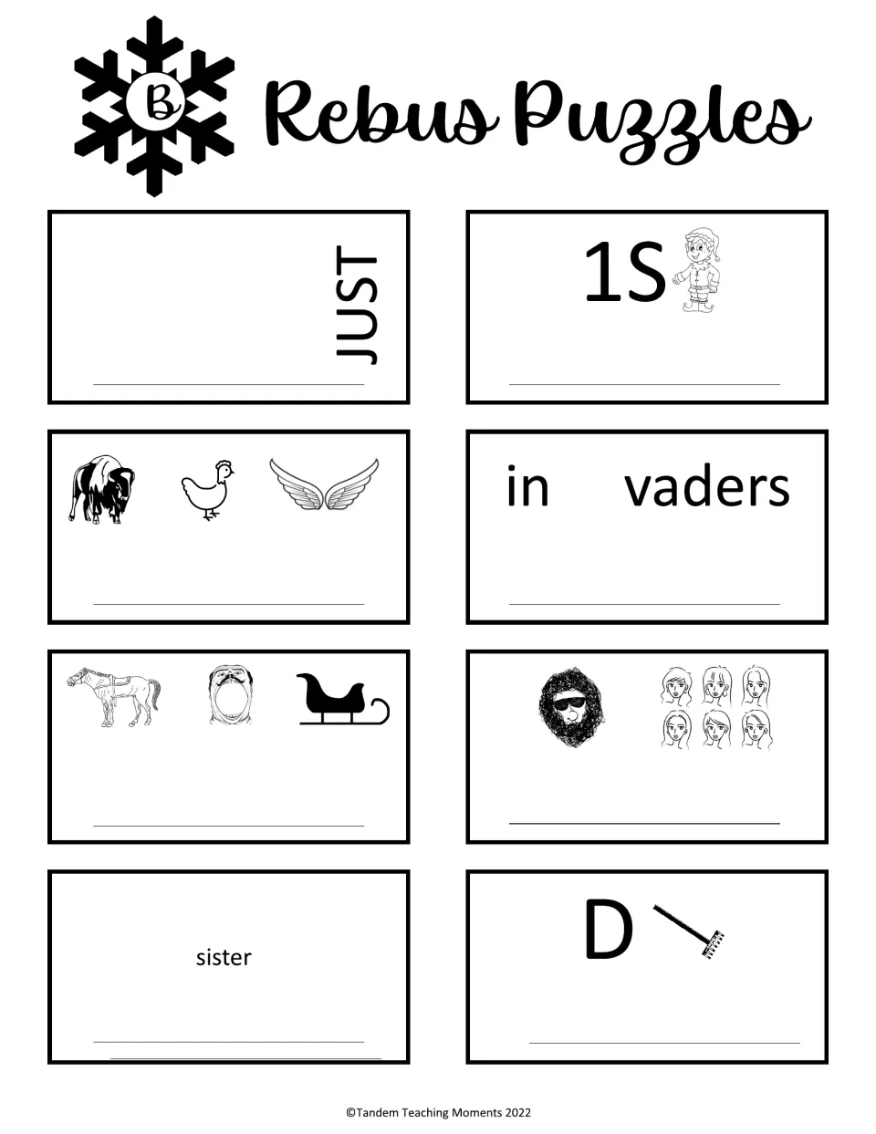 Rebus puzzles B: students solve eight clues such as JUST written sideways, 1S beside an elf and "in vaders"