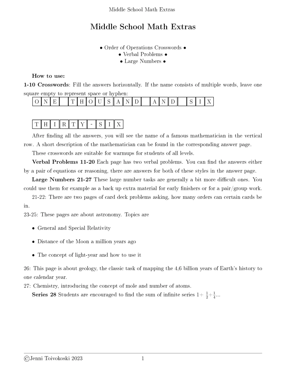 Middle School Math Extras: order of operations crosswords, verbal problems and large number tasks, with how-to-use notes