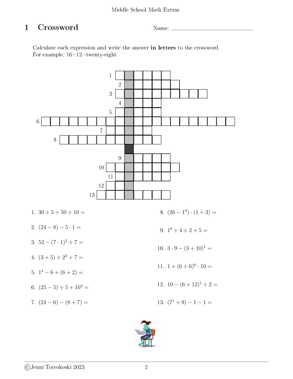 Order of operations Crossword 1: students evaluate 13 expressions with exponents and write each answer in words