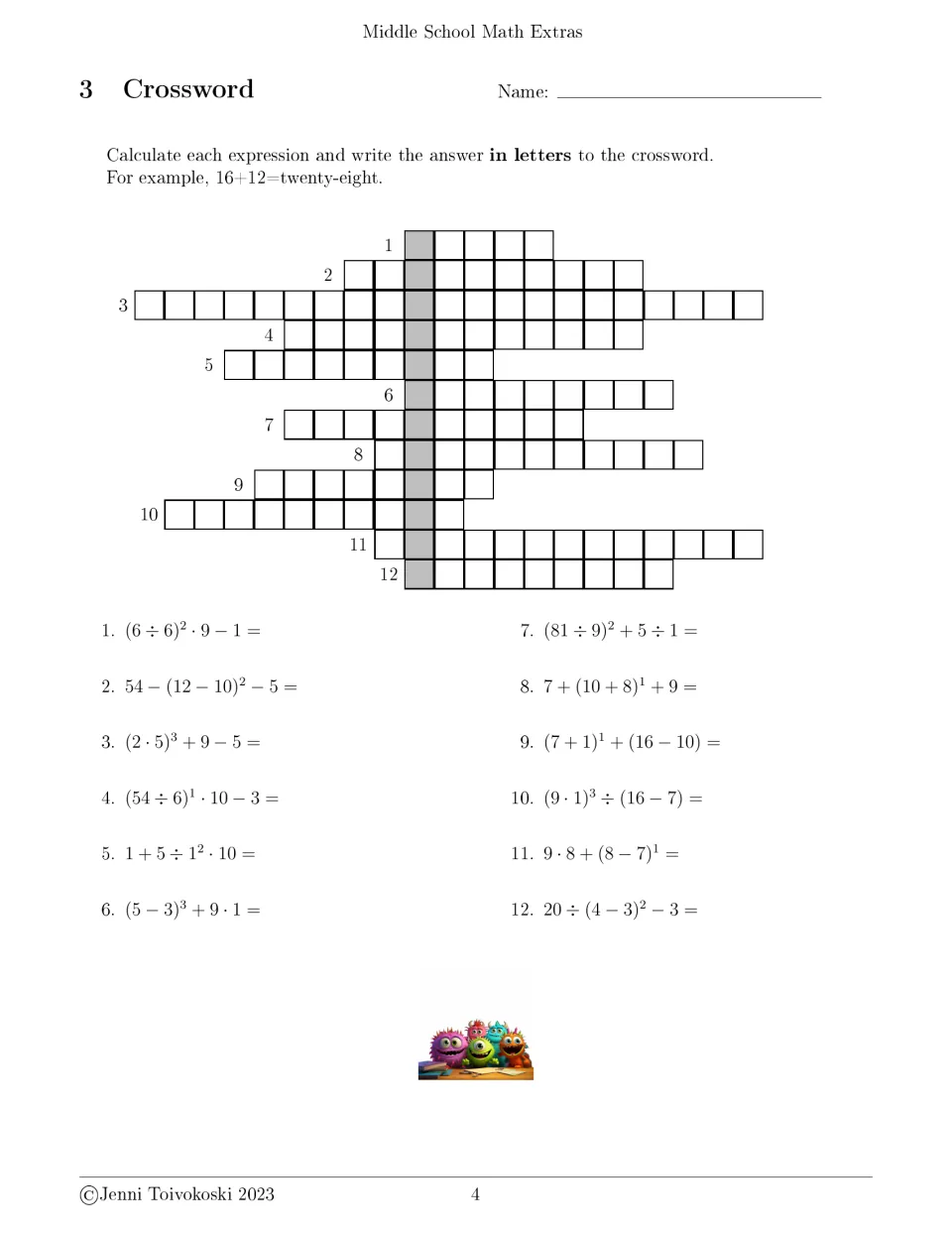 Crossword 3: students solve 12 expressions with parentheses, powers and division, then write each number as a word