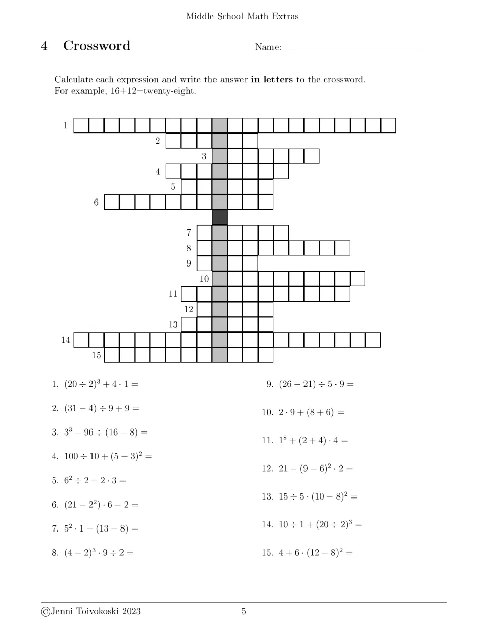 Crossword 4: 15 order of operations expressions to evaluate, with answers spelled out in letters across the puzzle