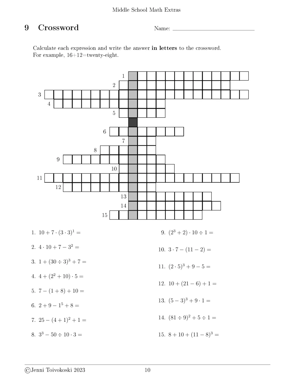 Crossword 9: 15 expressions with powers and parentheses to evaluate, writing each result in letters in the puzzle
