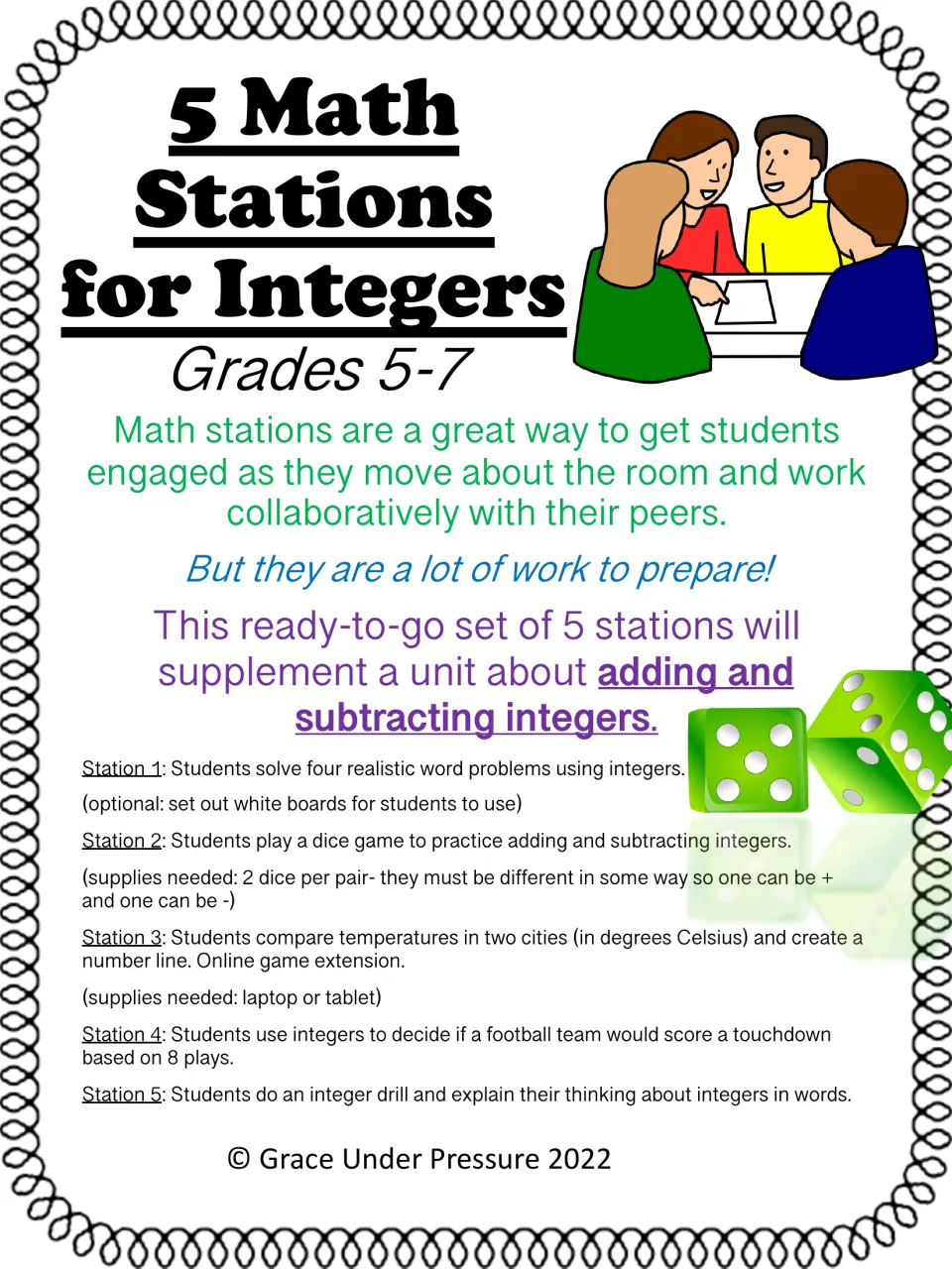 5 Math Stations for Integers cover: word problems, a dice game, weather temperatures, a football game and an integer drill