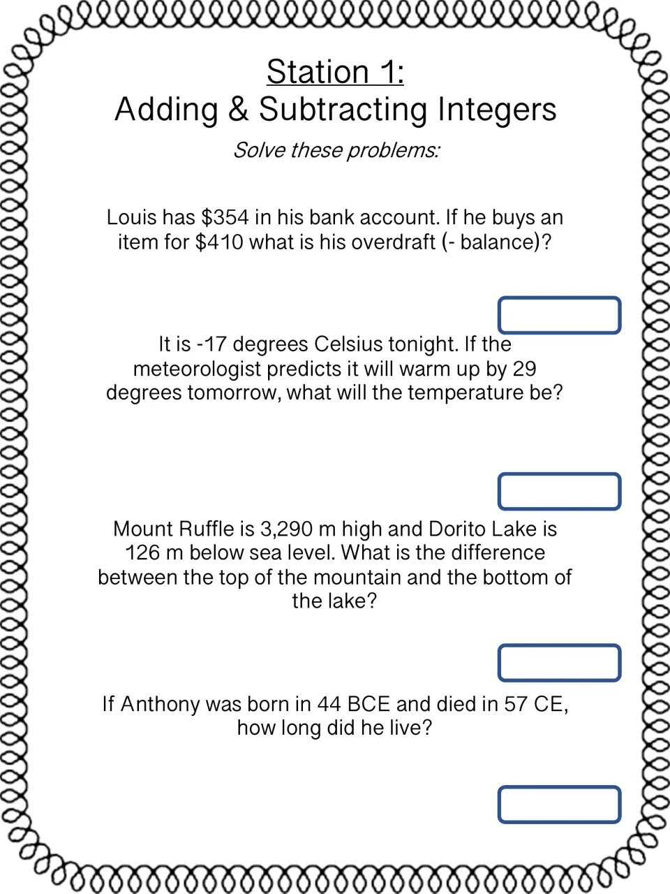 Station 1 integer word problems: students find an overdraft, a temperature rise, an elevation gap and a BCE-to-CE lifespan