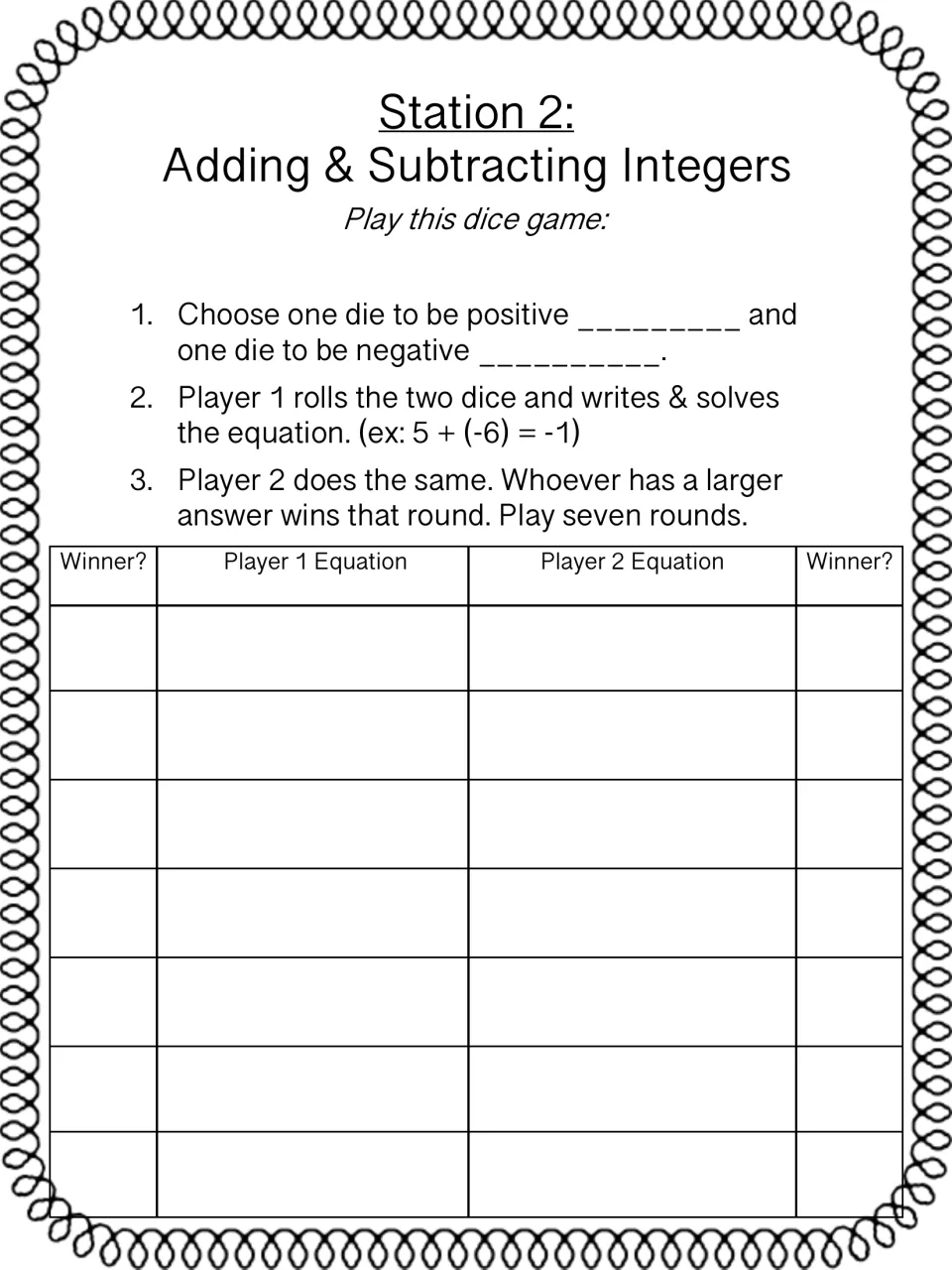 Station 2 integer dice game: partners roll a positive and a negative die, write and solve each sum, and record seven rounds