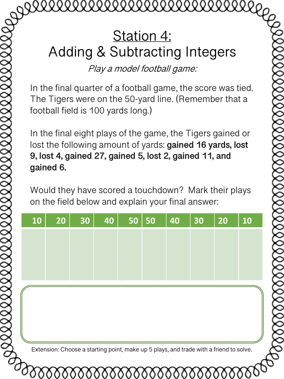 Station 4 football integers: students track 8 yard gains and losses from the 50-yard line to decide if the Tigers score