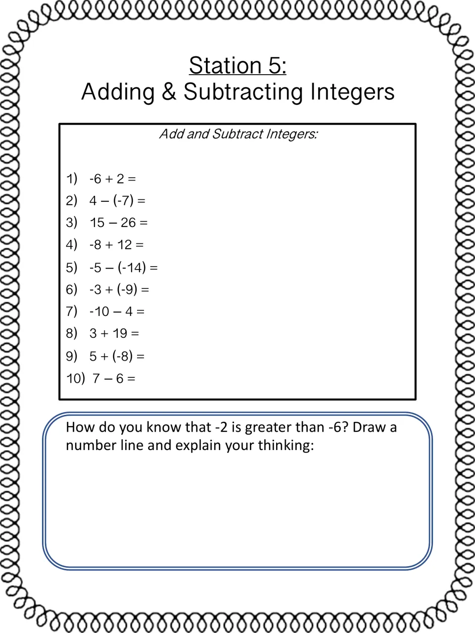 Station 5 integer drill: students solve ten addition and subtraction problems and explain why -2 is greater than -6