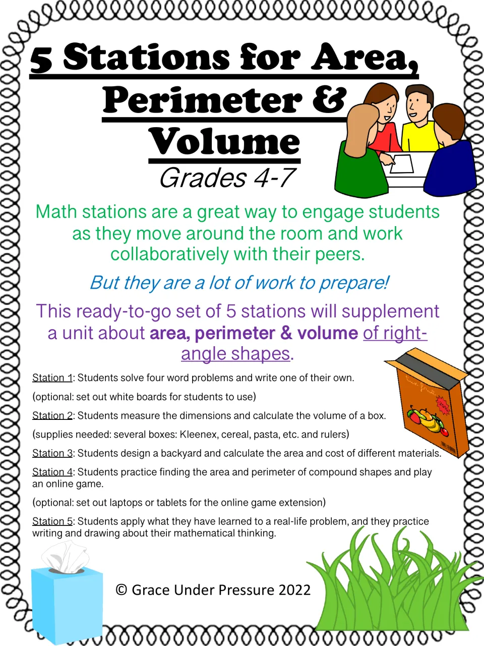 Cover: 5 Stations for Area, Perimeter & Volume, Grades 4-7, summarizing each station's task and supplies such as boxes