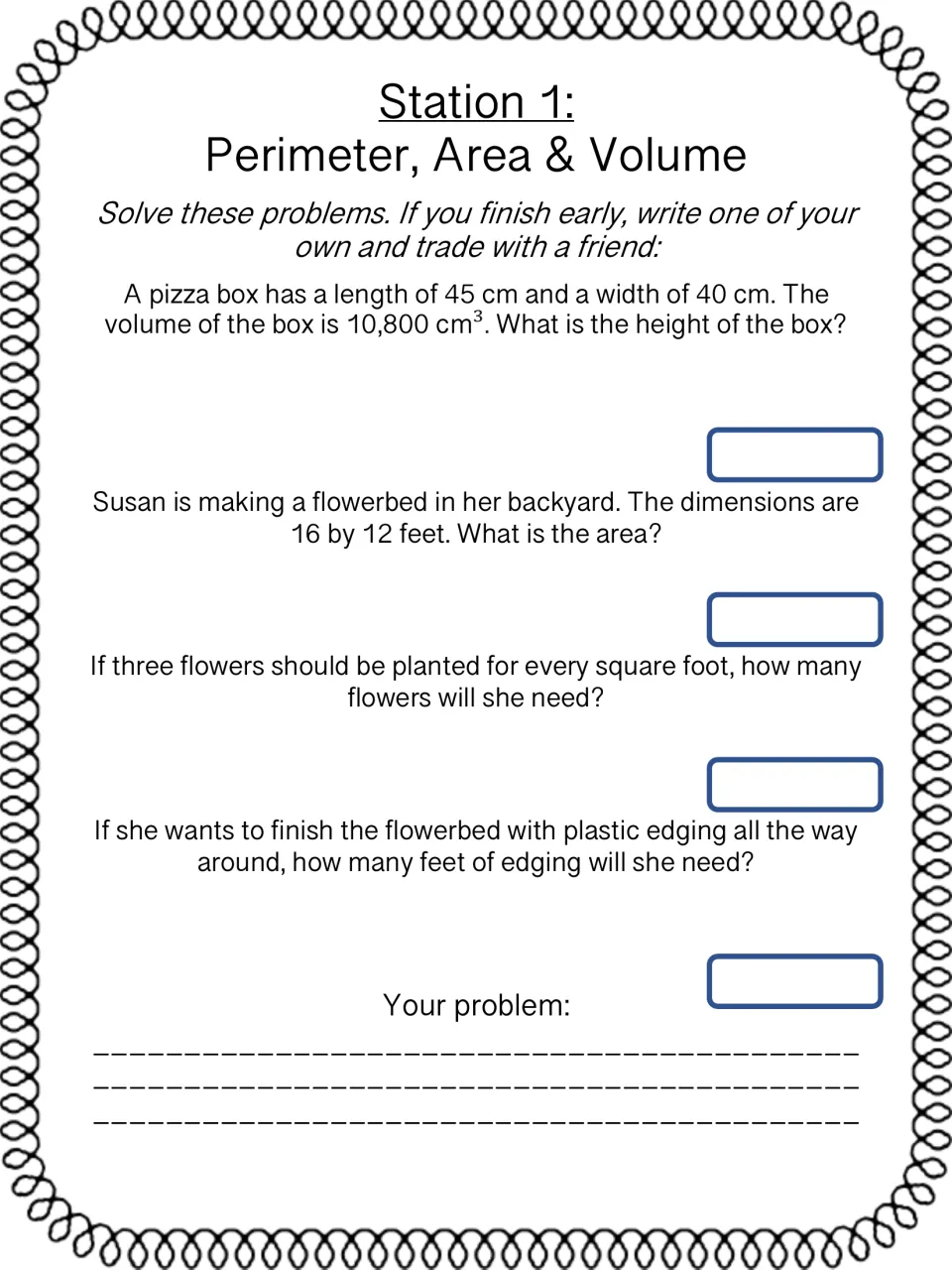 Station 1 word problems: find a pizza box's height from its volume, a flowerbed's area, flower count and edging length