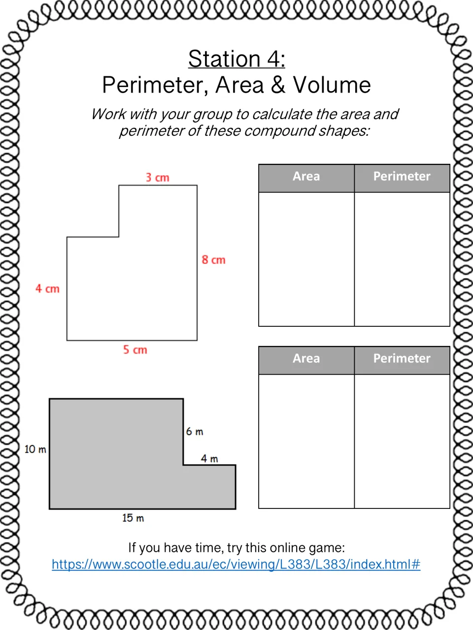 Station 4 compound shapes: groups find the area and perimeter of two L-shaped figures, plus an online game link