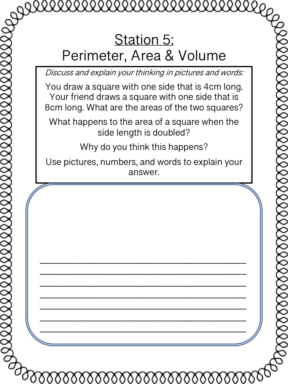 Station 5 reasoning: students find areas of 4 cm and 8 cm squares and explain what doubling a side does to area