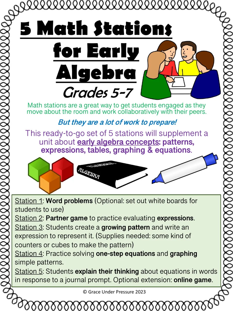 5 Math Stations for Early Algebra cover listing word problems, expression game, growing pattern, equations and journal
