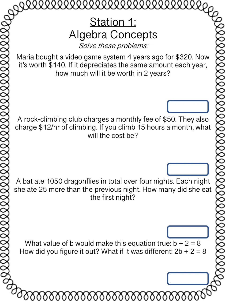 Station 1 word problems: students solve depreciation, monthly fee and dragonfly problems, then find b in b + 2 = 8