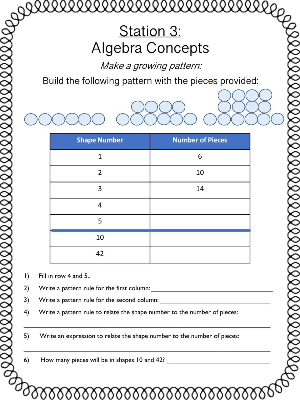 Station 3 growing pattern: students build shapes of 6, 10, 14 counters, extend the table and write a rule and expression