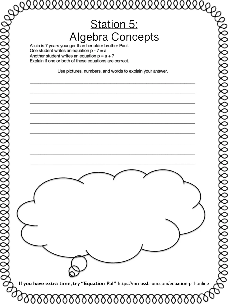Station 5 journal prompt: students explain whether p - 7 = a and p = a + 7 both describe Alicia and Paul's ages
