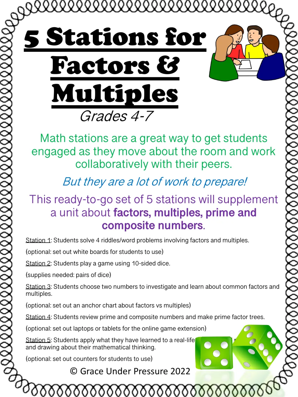 5 Stations for Factors & Multiples cover: riddles, a dice game, two-number study, prime factor trees and a party problem