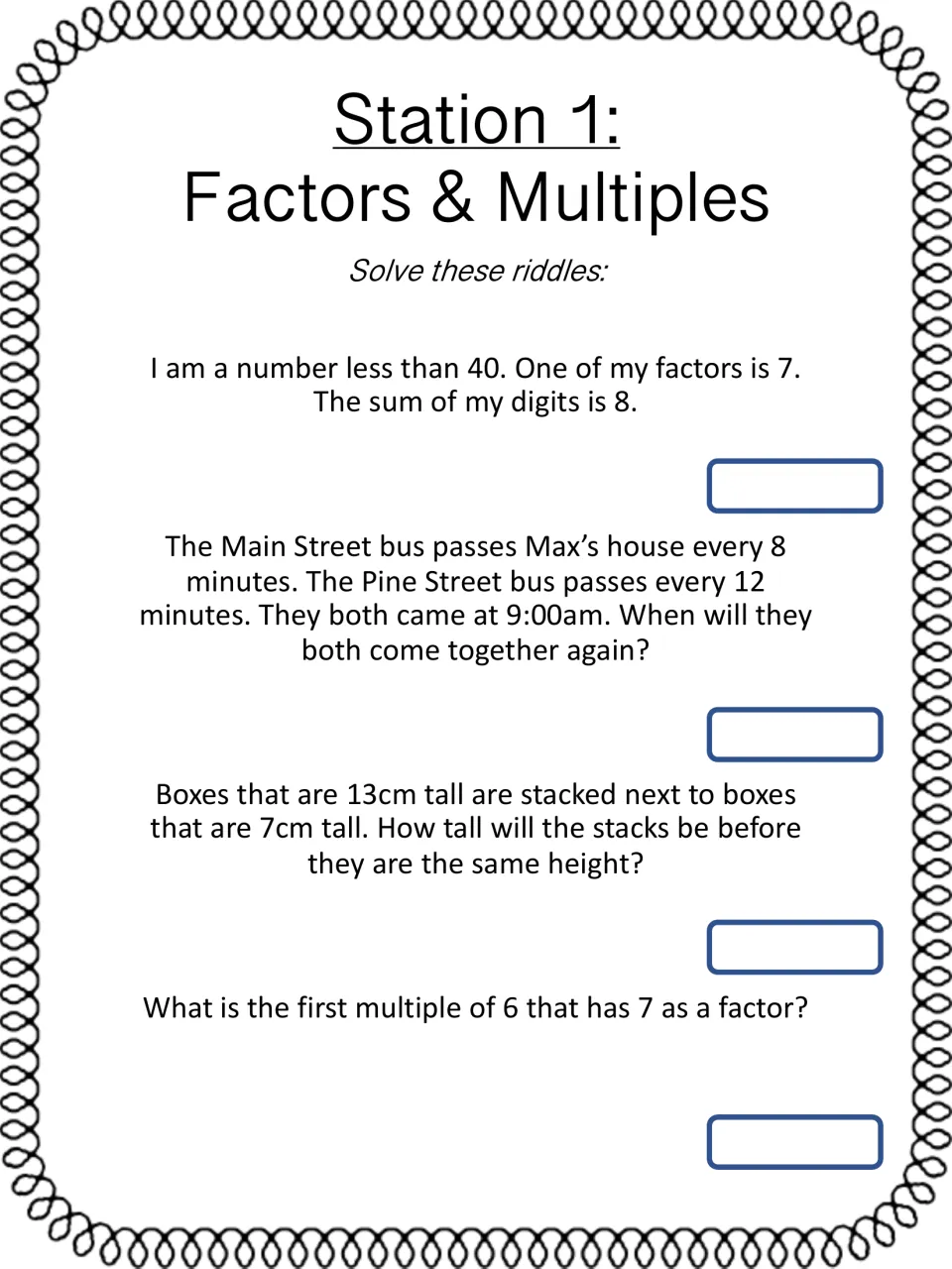 Station 1 factors and multiples riddles: students solve 4 word problems on buses, stacked boxes and a multiple of 6