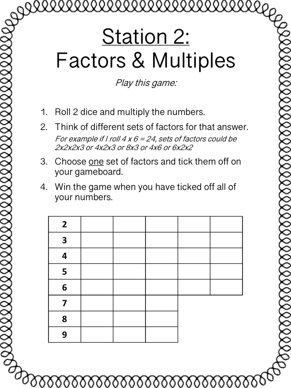 Station 2 factor game: students roll 2 dice, multiply, then tick off one set of factors for the product on a 2 to 9 board