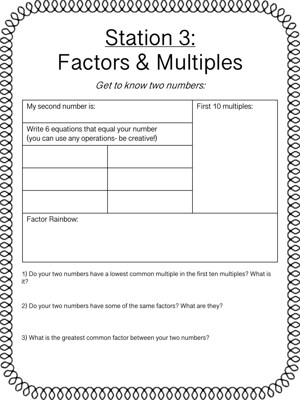 Station 3 part 2: students study a second number, then find its lowest common multiple and shared factors with the first
