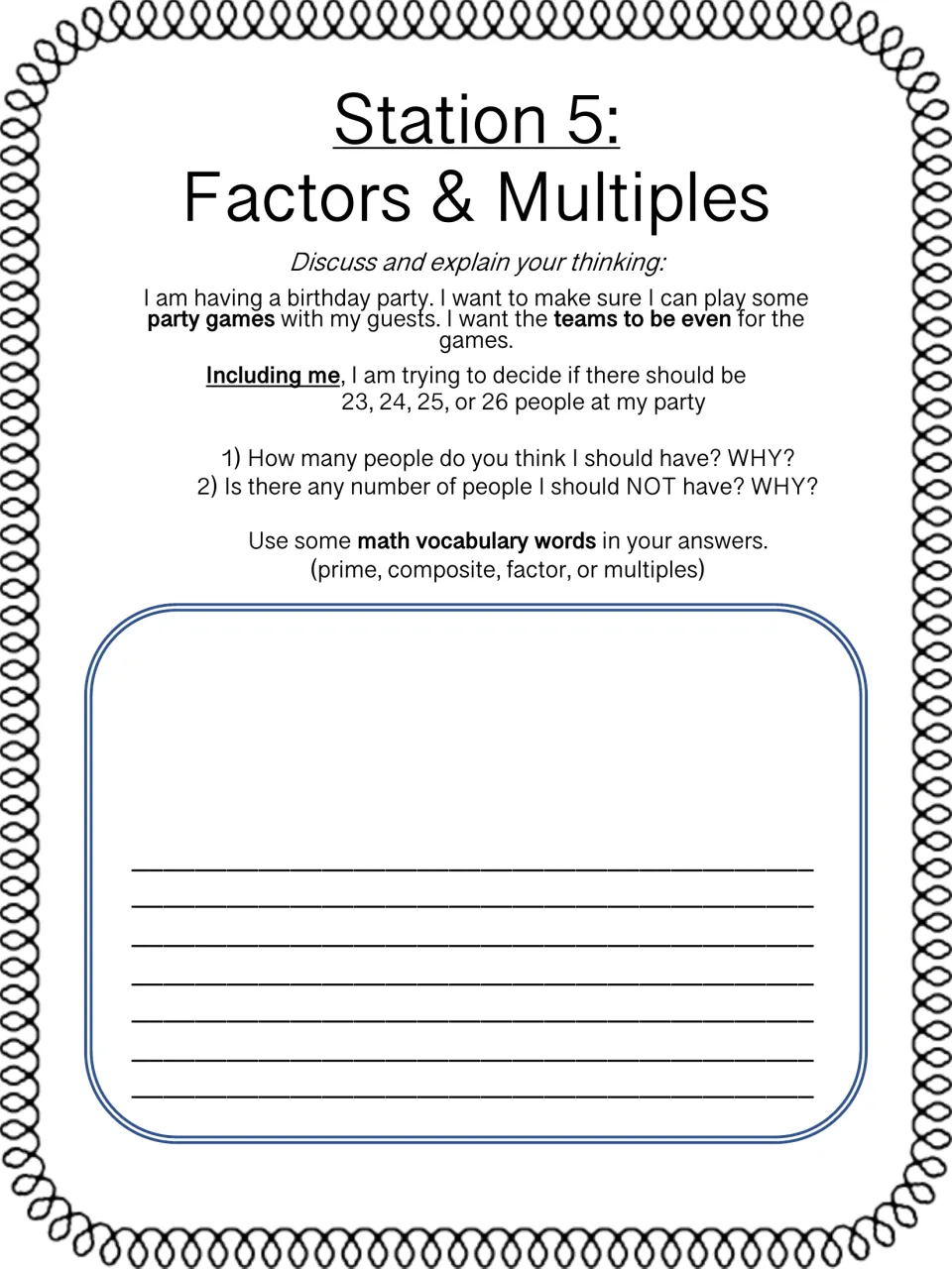 Station 5 birthday party problem: students choose 23, 24, 25 or 26 guests for even teams and explain why in writing