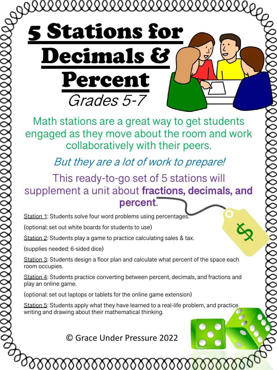 5 Stations for Decimals & Percent cover, Grades 5-7, summarizing five station tasks from sales tax game to floor plan