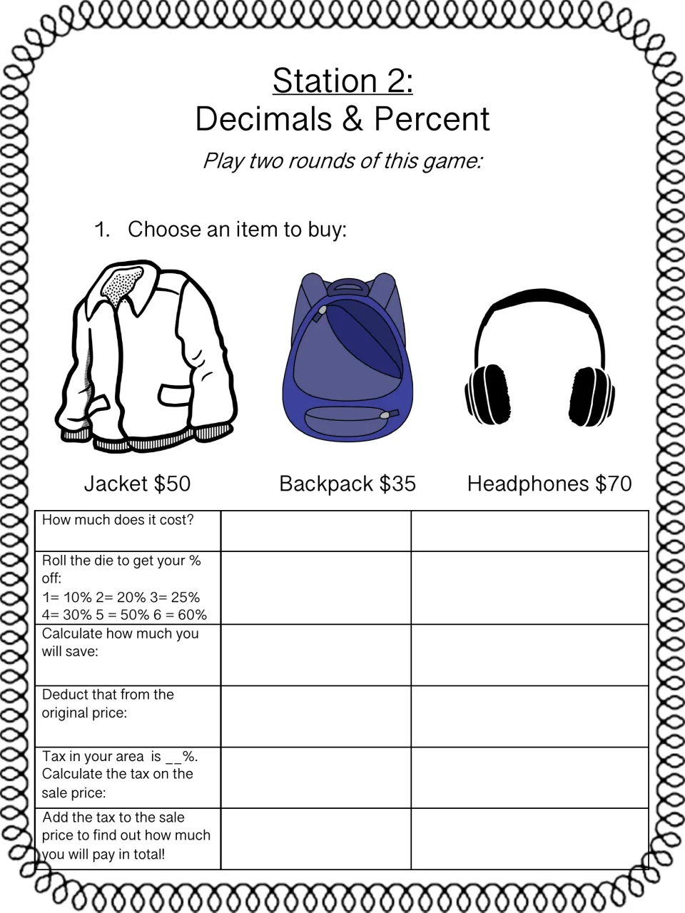 Station 2 sales game: students pick a jacket, backpack or headphones, roll a die for % off, find savings, tax and total