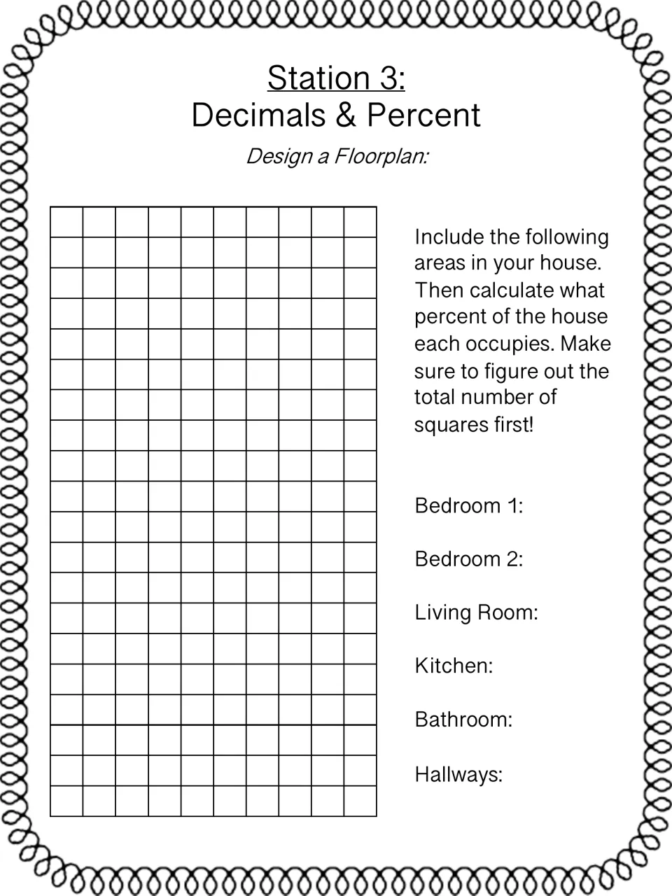 Station 3 floor plan: students design a house with six areas and calculate what percent of total squares each occupies