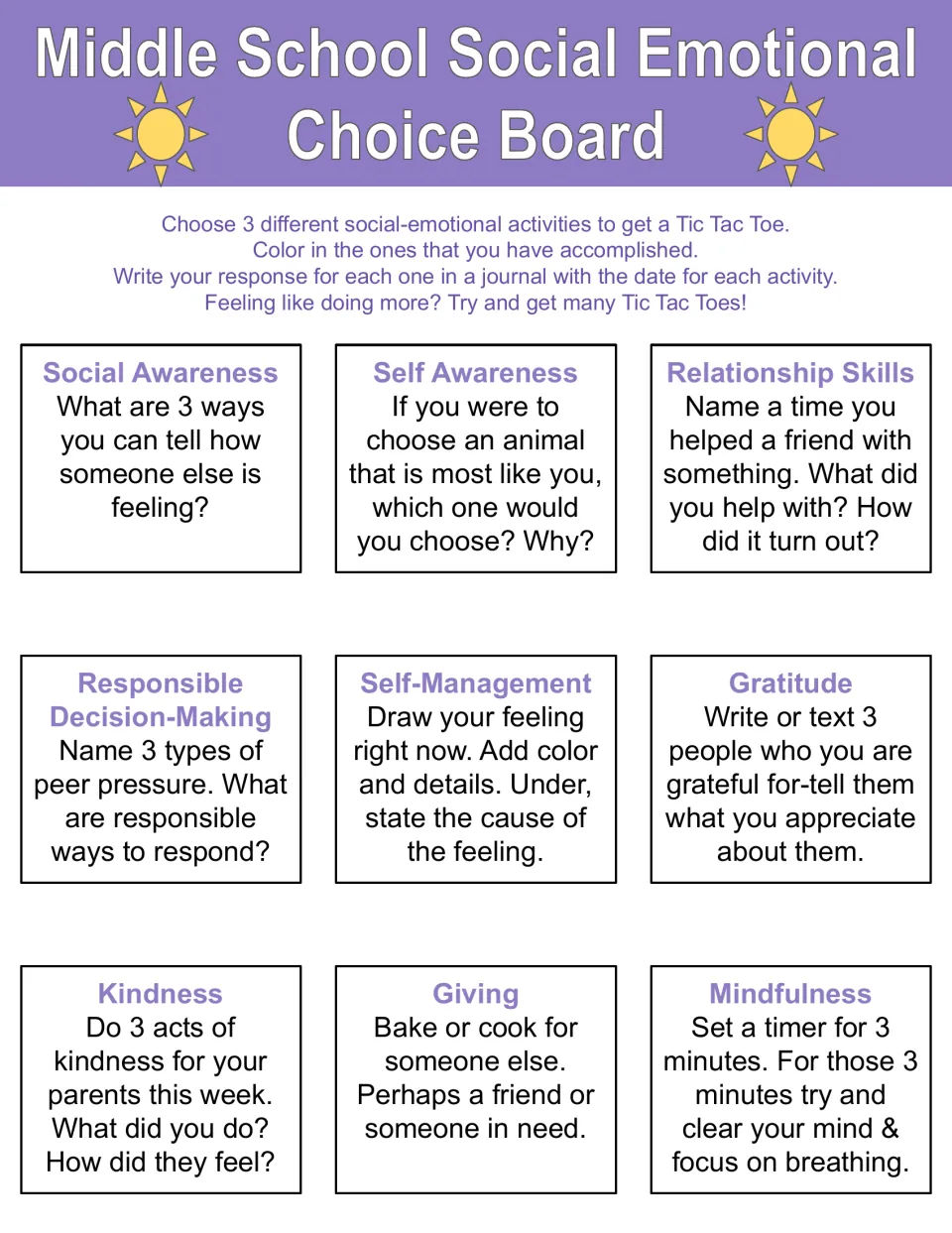 SEL tic-tac-toe board 2: students pick 3 prompts like naming peer pressure responses, drawing a feeling, baking for others