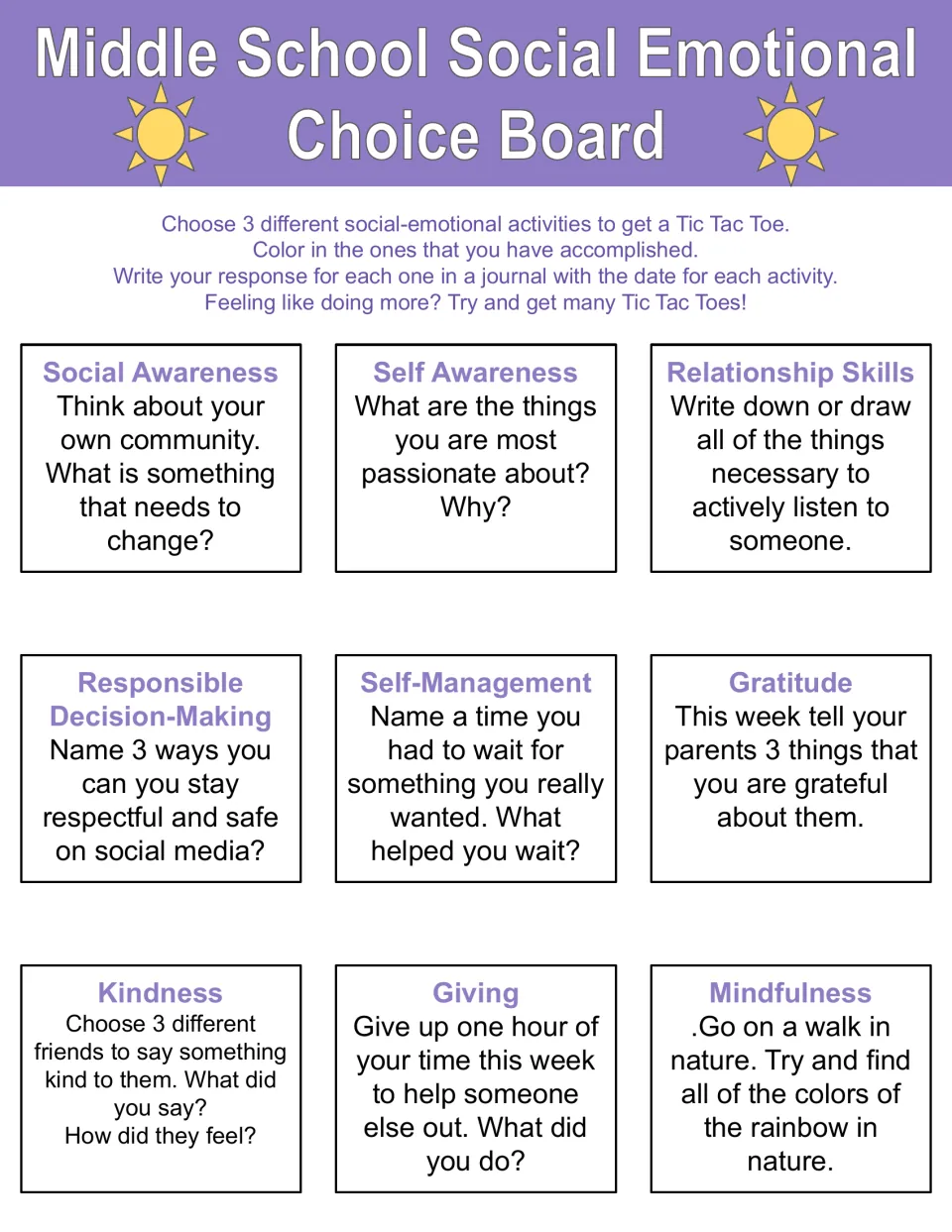 SEL tic-tac-toe board 3: students pick 3 tasks on community change, social media safety, active listening and a nature walk