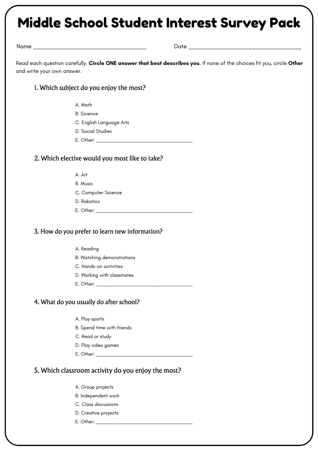 Middle School Student Interest Survey Pack – cover