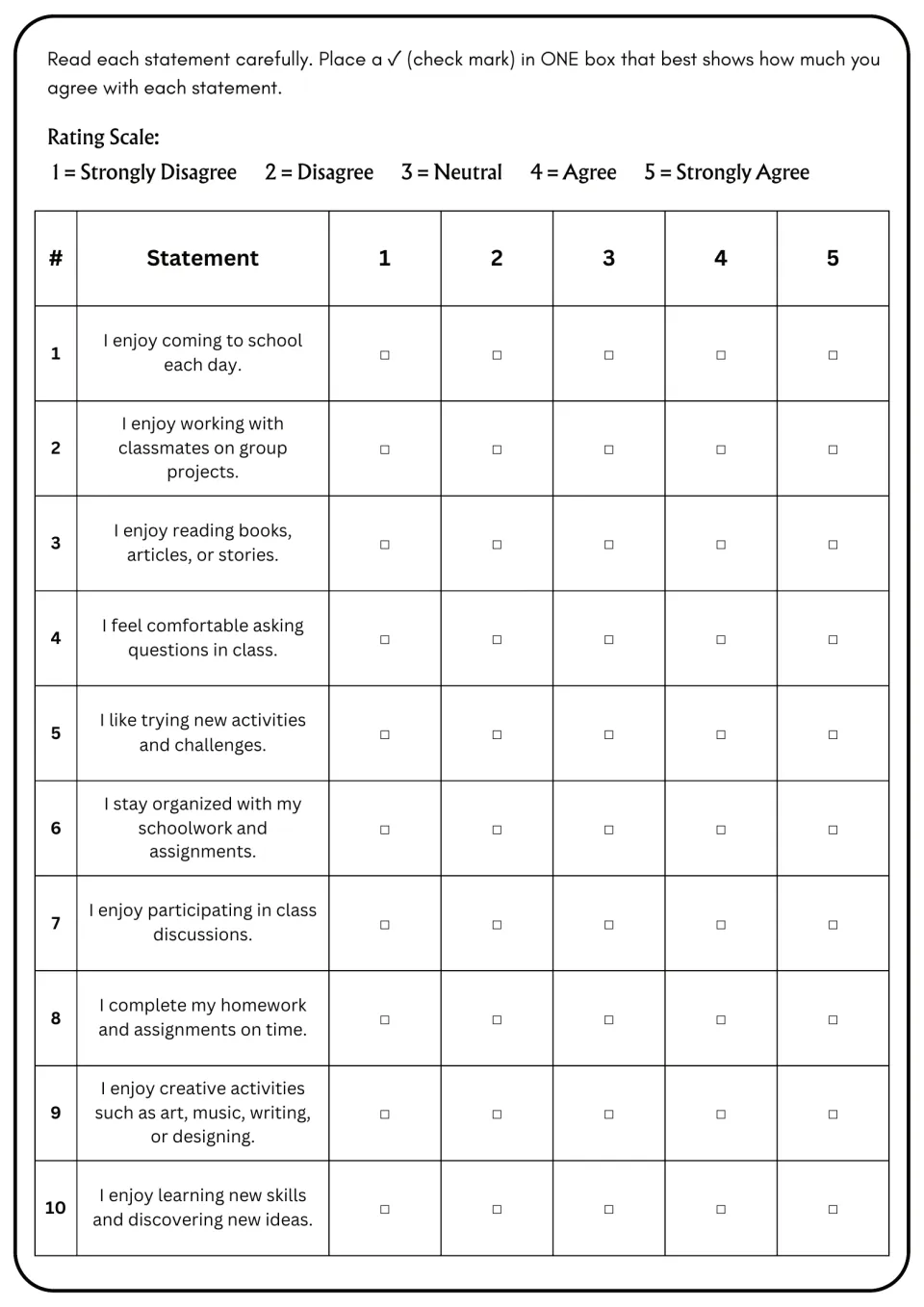 Attitude rating scale: students check 1 (strongly disagree) to 5 (strongly agree) for 10 statements about school habits
