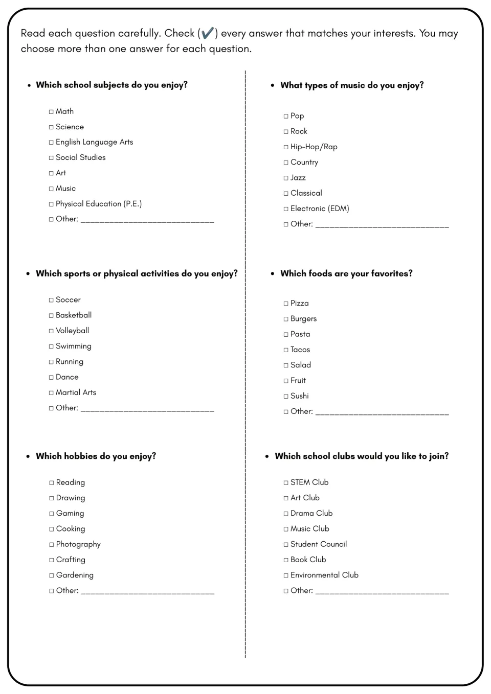 Check-all interest lists: students tick preferred subjects, music, sports, foods, hobbies and clubs they would like to join