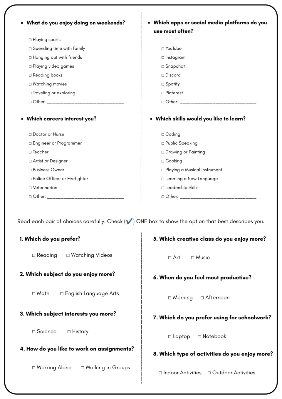 Weekend, app, career and skill checklists, then students pick one side of 8 pairs, such as Laptop vs Notebook