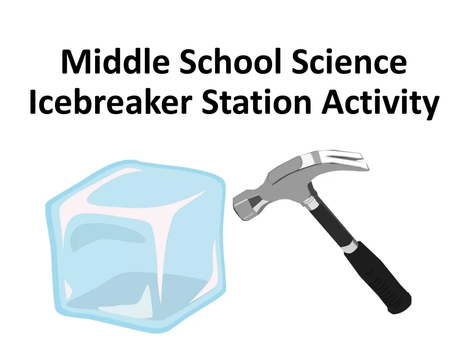 Cover: Middle School Science Icebreaker Station Activity, illustrated with an ice cube beside a claw hammer