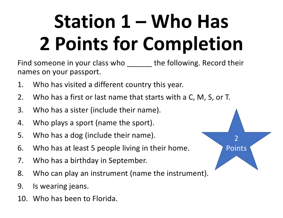 Station 1, Who Has: students find classmates matching 10 prompts, such as owning a dog, and record names on a passport