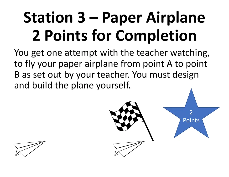 Station 3, Paper Airplane: students design and build a plane, then get one flight attempt from point A to point B