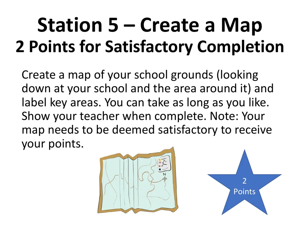 Station 5, Create a Map: students draw an overhead map of the school grounds and label key areas for 2 points