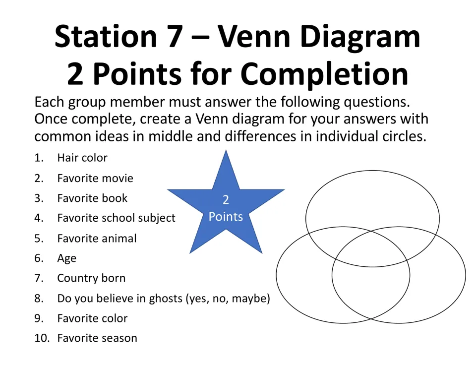 Station 7, Venn Diagram: group members answer 10 questions, like favorite movie, then compare answers in a Venn diagram