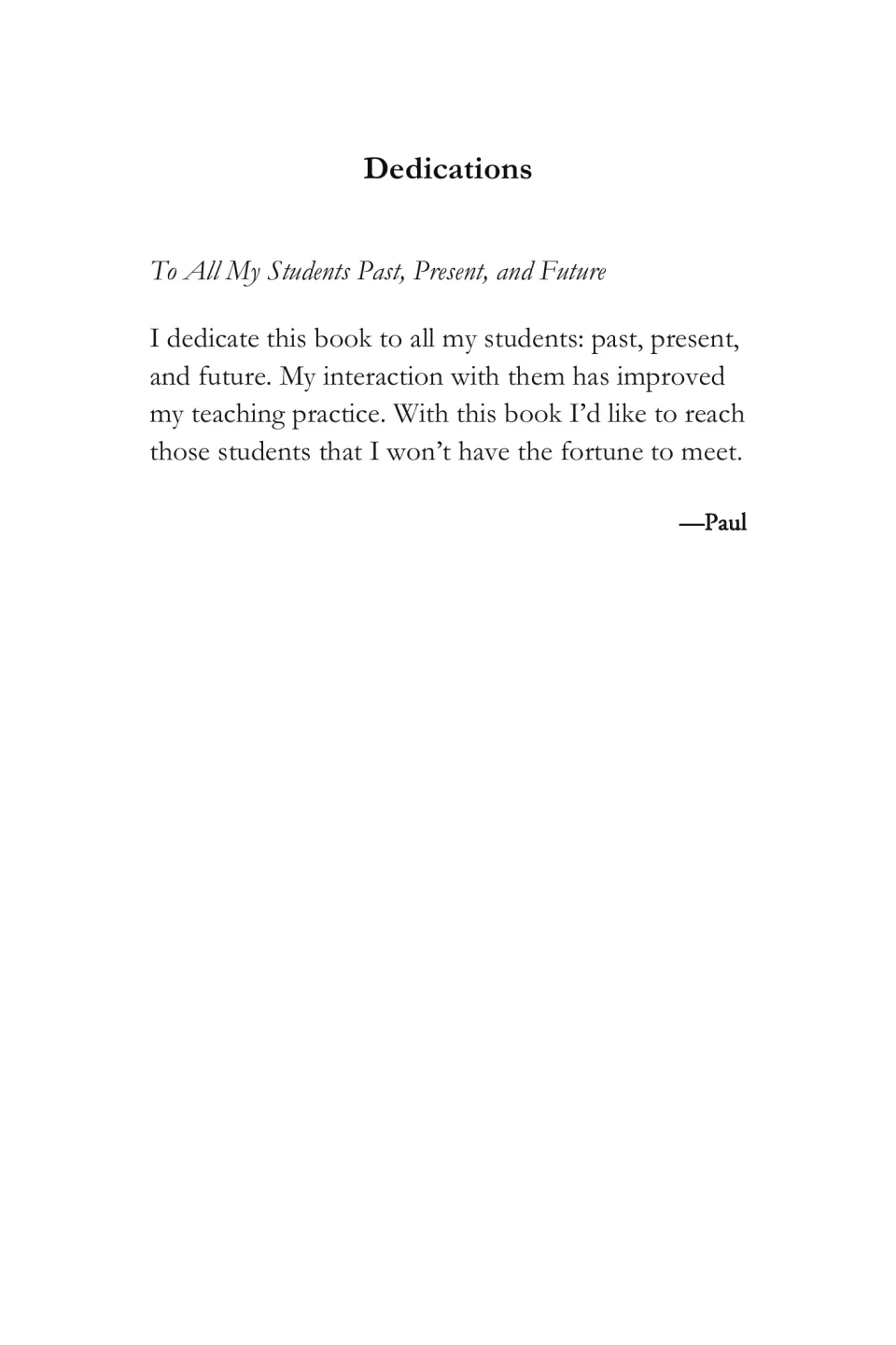 Dedication in the student advice eBook to Paul Rallion's past, present, and future students, signed Paul