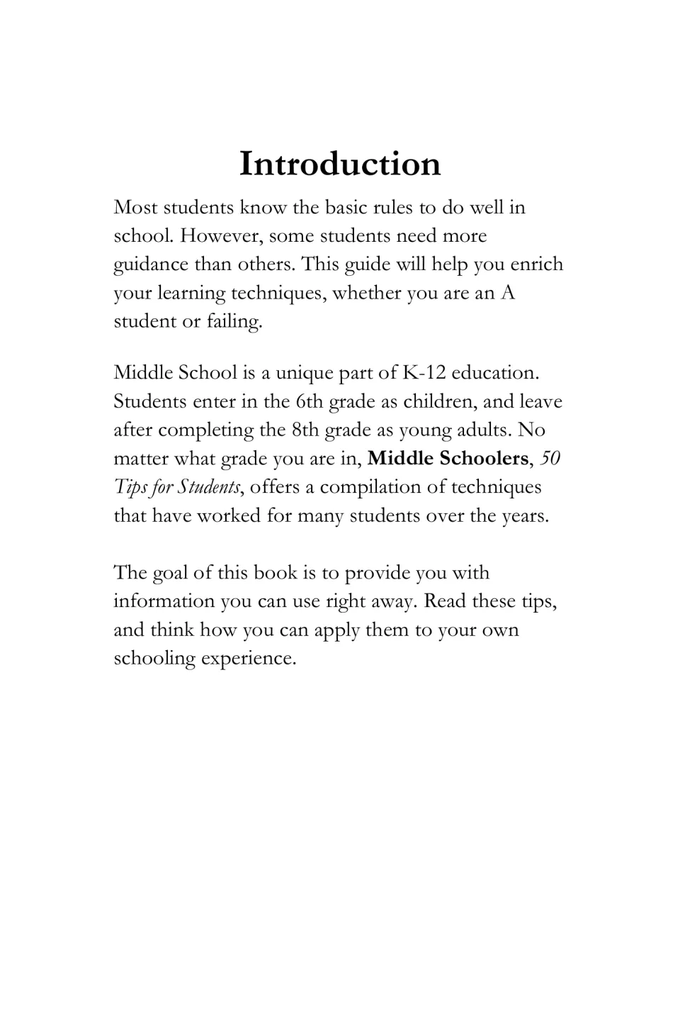 Introduction to the student advice eBook explains the middle school transition and applying its learning tips